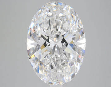 Oval-cut clear lab-grown diamond with faceted surface reflecting light, displayed against neutral background.