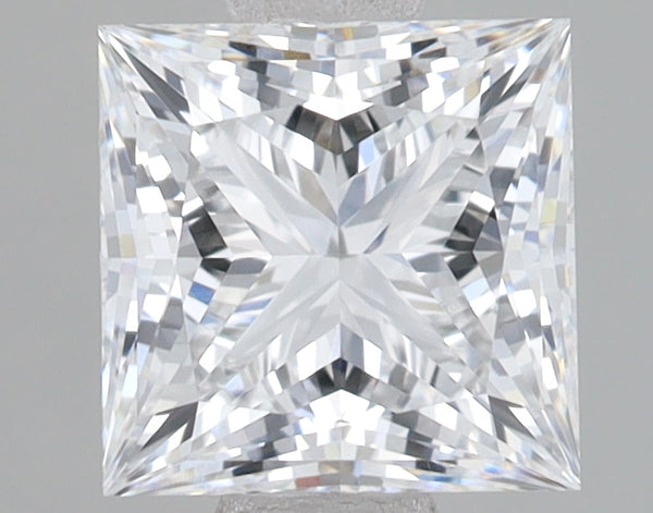Princess-cut lab-grown diamond with faceted surface reflecting light, displayed against neutral background.