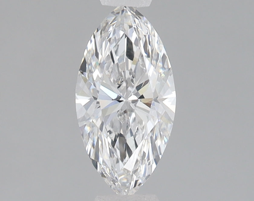 Marquise-cut lab-grown diamond with faceted surfaces reflecting light, displayed against neutral background.
