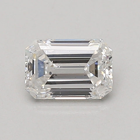 Emerald-cut lab-grown diamond with faceted sides and clear transparency, displayed against neutral background.