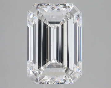 Emerald-cut lab-grown diamond with faceted edges and clear transparency against neutral background.