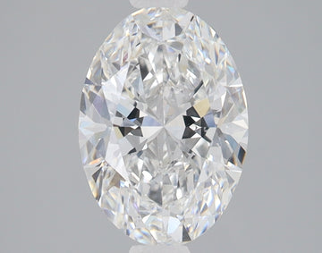 Oval-cut lab-grown diamond with faceted surface and light reflections on neutral gray background.