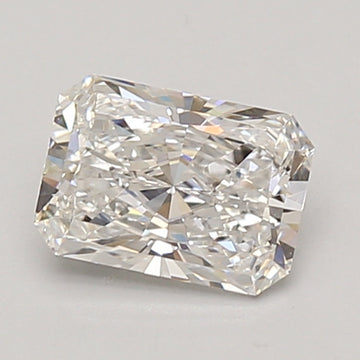 Radiant cut lab-grown diamond with faceted surfaces and light reflections, displayed on neutral background.