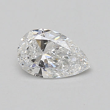Pear-shaped colorless lab-grown diamond with faceted surfaces and light reflections on neutral background.