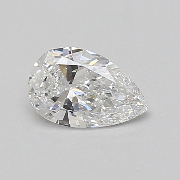 Pear-shaped colorless lab-grown diamond with faceted surfaces and light reflections on neutral background.