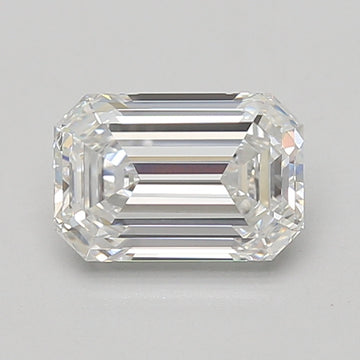 Clear emerald-cut lab-grown diamond with faceted surface and light reflections on neutral background.