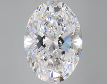 Oval-cut colorless lab-grown diamond with faceted surfaces reflecting light, displayed against neutral gray background.