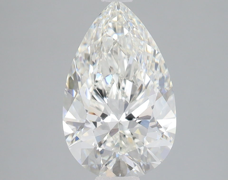 Pear-shaped lab-grown diamond with faceted surfaces reflecting light, displayed against neutral gray background.
