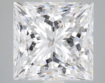 Clear princess-cut lab-grown diamond displaying multiple facets with bright light reflections on gray background.