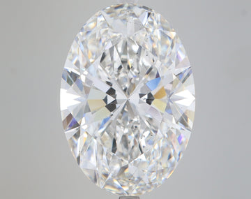 Clear oval-cut lab-grown diamond with faceted surface showing light refraction on neutral background.