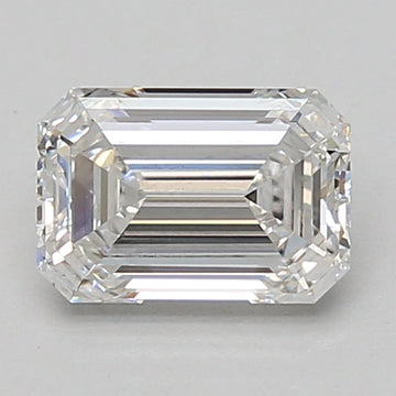 Emerald-cut lab-grown diamond with faceted surfaces and clear transparency, displayed against neutral background.