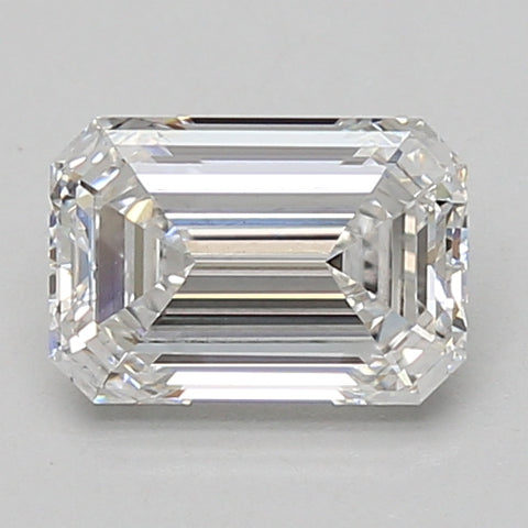 Emerald-cut lab-grown diamond with faceted surfaces and clear transparency, displayed against neutral background.