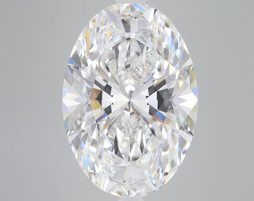 Oval-cut lab-grown diamond with faceted surfaces reflecting light, displaying clear transparency and colorless appearance aga