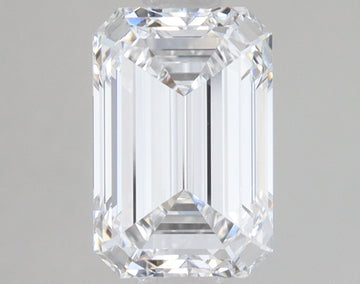 Emerald-cut lab-grown diamond with faceted sides and clear appearance on neutral background.