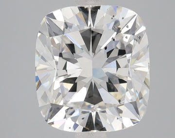 Cushion cut lab-grown diamond with brilliant faceting and light reflections on gray background.