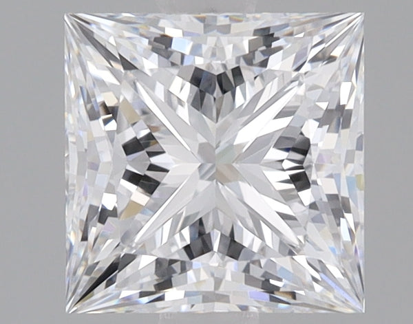 Square princess-cut lab-grown diamond with faceted surface reflecting light, displayed against neutral background.
