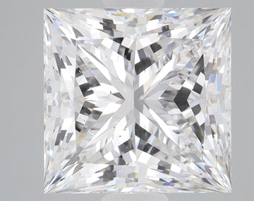 Princess-cut lab-grown diamond with brilliant faceting and light refraction on gray background.