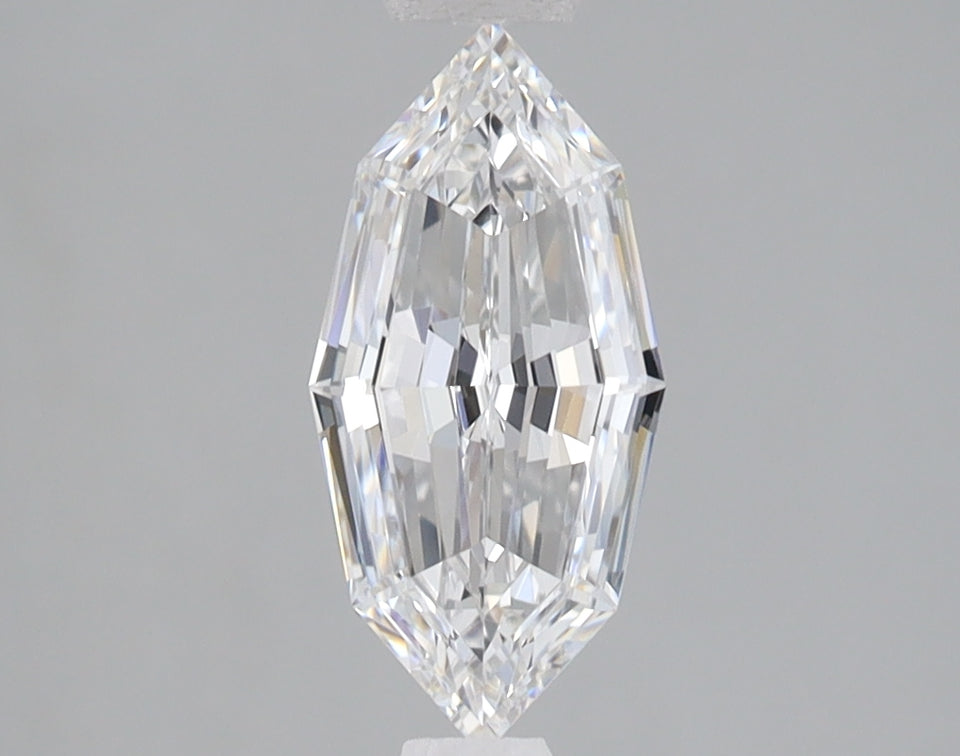 Colorless marquise-cut diamond with step faceting, displayed against a gray background.