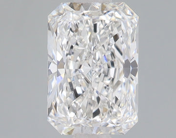Clear radiant-cut loose diamond with faceted surfaces reflecting light, displayed against gray background.