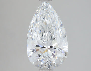 Pear-shaped lab-grown diamond with faceted surfaces and clear transparent appearance against neutral background.