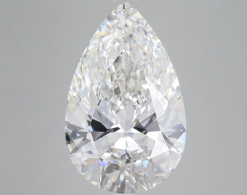 Pear-shaped lab-grown diamond with faceted surfaces and light refraction on gray background.