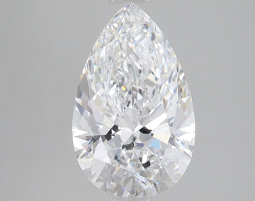 Clear pear-shaped lab-grown diamond with faceted surface and light reflections on neutral background.