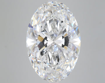 Oval-cut lab-grown diamond with faceted surface displaying light refraction and reflections on gray background.