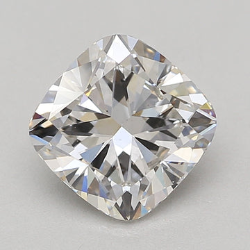 Colorless cushion-cut lab grown diamond with faceted surfaces displaying light refraction on neutral background.