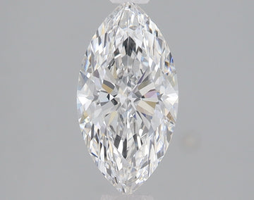 Marquise-cut clear diamond with faceted surfaces reflecting light against a gray background.
