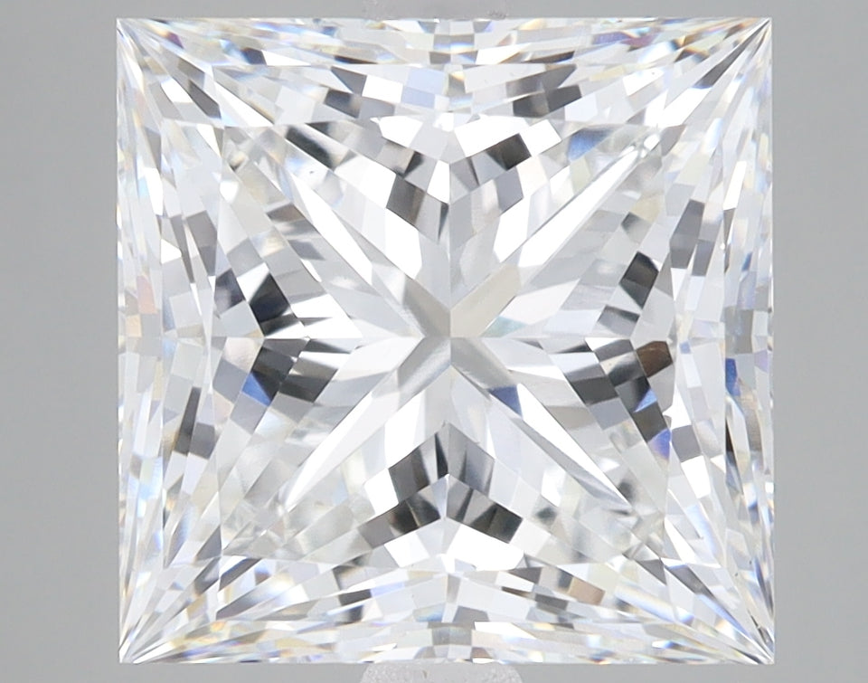 Princess-cut lab grown diamond with faceted surface showing light refraction and reflections.