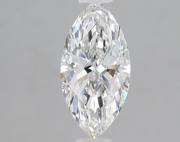 Clear marquise-cut diamond with faceted surfaces and light reflections on neutral gray background.