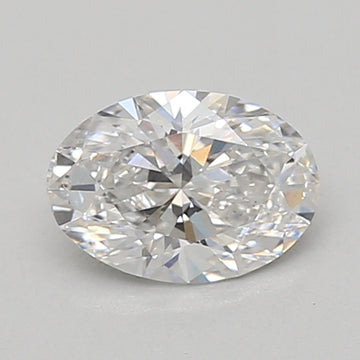 Oval-cut colorless lab-grown diamond with faceted surface and light reflections on neutral background.