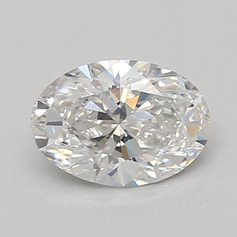 Oval-cut colorless lab-grown diamond with faceted surface and light reflections on neutral background.