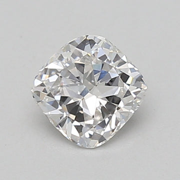 Cushion-cut lab-grown diamond with faceted surfaces reflecting light, displaying clear coloring against a neutral background.
