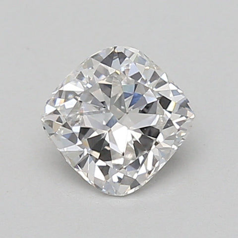 Cushion-cut lab-grown diamond with faceted surfaces reflecting light, displaying clear coloring against a neutral background.