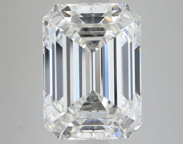 Clear emerald-cut lab-grown diamond with faceted surfaces and light reflections on neutral background.