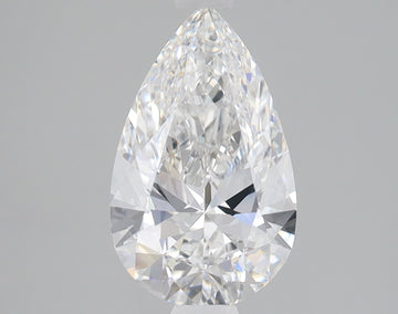 Pear-shaped lab-grown diamond with faceted surface displaying light refraction on neutral background.