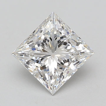 Princess cut diamond with square shape and pointed facets reflecting light, displayed against neutral background.