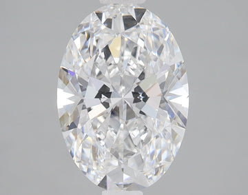 Clear oval-cut diamond with faceted surface and multiple light reflections against gray background.