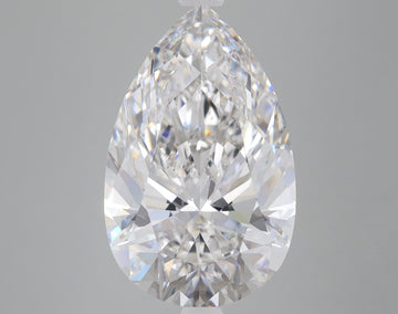 Pear-shaped clear lab-grown diamond with faceted cuts displaying light refraction on gray background.