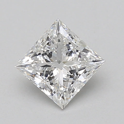 Colorless princess-cut loose diamond with faceted surfaces and sharp edges on neutral background.