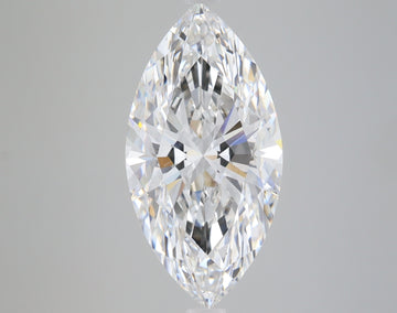 Colorless marquise-cut diamond with faceted surfaces and internal reflections on neutral gray background.
