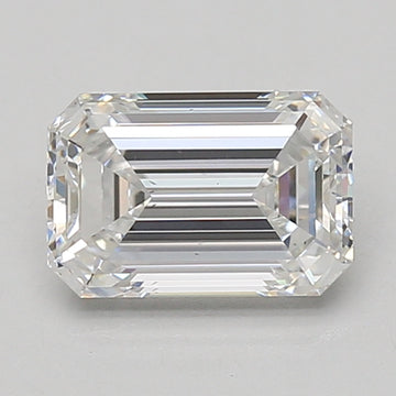 Emerald-cut lab-grown diamond with step facets and clear, colorless appearance on neutral background.
