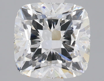 Cushion-cut lab-grown diamond with faceted surfaces displaying light refraction and internal reflections on neutral backgroun