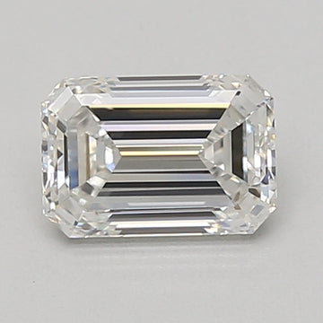 Emerald-cut lab-grown diamond with clear facets and reflective surfaces on neutral background.
