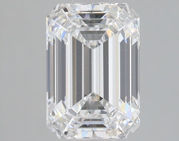 Emerald-cut lab-grown diamond with faceted surfaces and clear reflections, displayed against a neutral gray background.