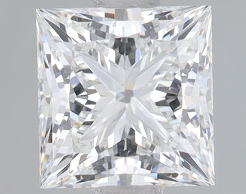 Clear princess-cut lab-grown diamond with faceted surfaces reflecting light, displayed against neutral gray background.