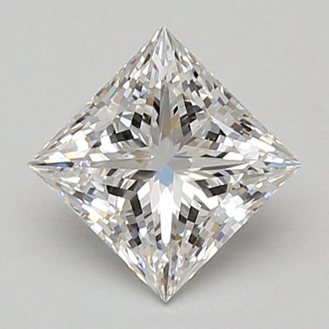 Princess-cut lab-grown diamond with faceted surfaces and clear appearance on gray background.