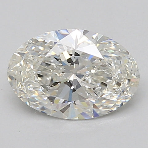 Oval-cut lab-grown diamond with faceted surfaces displaying white and pale blue light reflections.