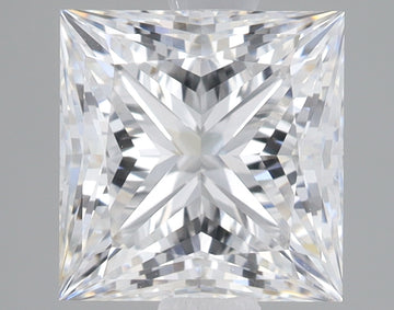 Princess-cut lab-grown diamond with brilliant faceting and clear transparency, displayed against neutral background.